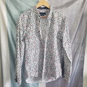 Zara Man Slim Fit Button Down Shirt Mens Large White Navy Red Floral Leaf Print